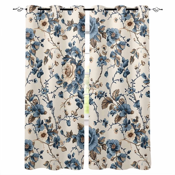 Blue Spring Floral Blackout Curtains 63 Inches Long for Bedroom, Vintage Botanical Farmhouse Thermal Insulated Room Darkening Black Out Window Curtain Panels Grommet Drapes for Living Room