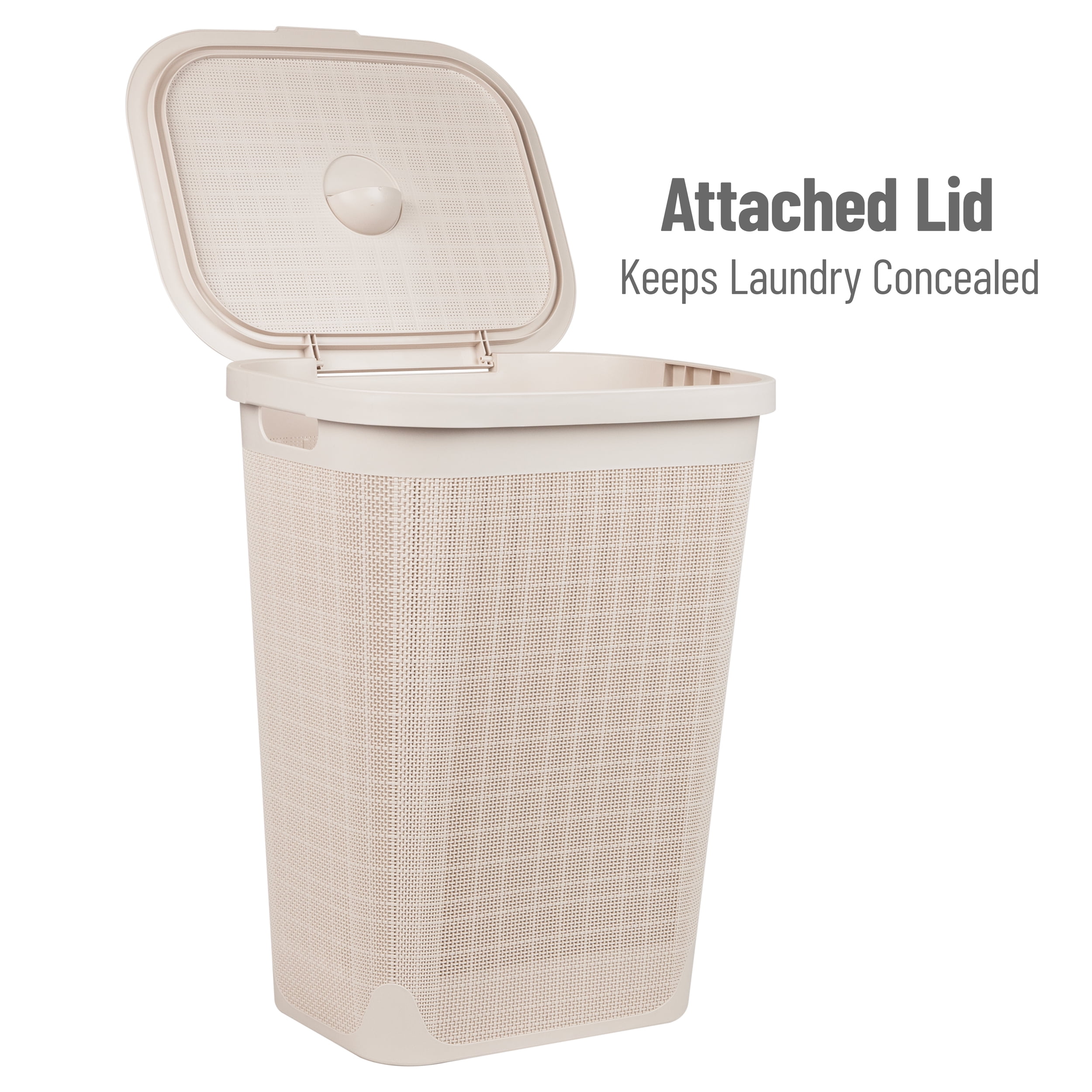 Mind Reader 60L Slim Laundry Hamper, Clothes Basket, Lid, Linen Design, Plastic, Ivory