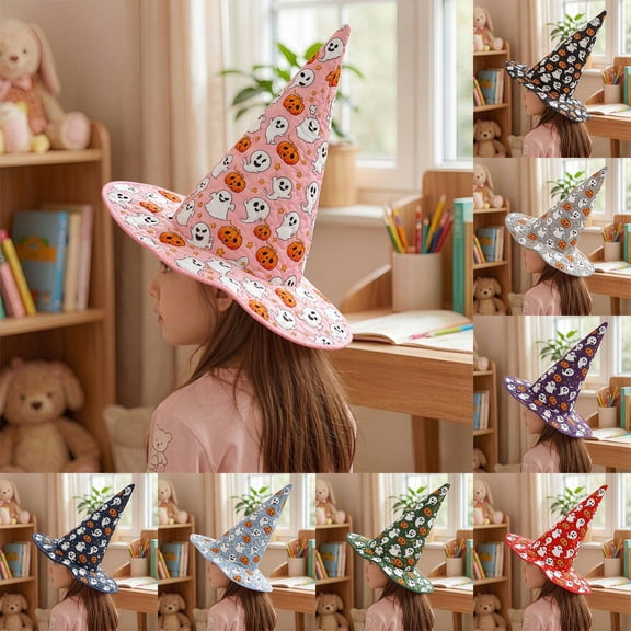 Kids Witch Hat Halloween Ghost Printed Pointed Hat Stars Wizard Cap Quilted Cosplay Costume Party Decorations Gift