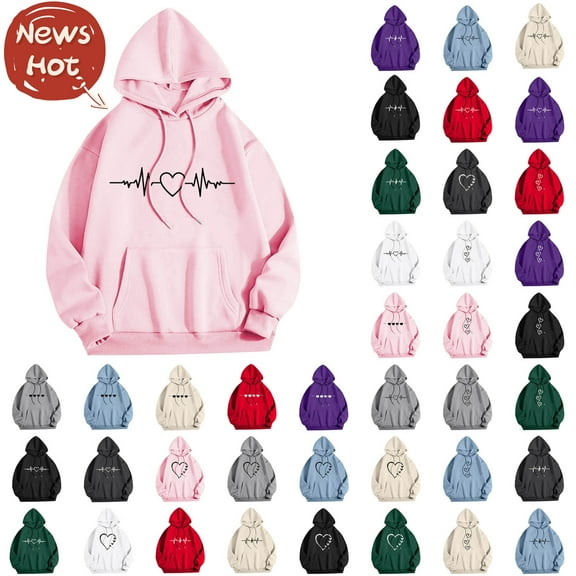 Sweatshirts for Women, Women's Casual Printed Round Neck Long Sleeved Loose Hooded Sweatshirts, #1Pink S