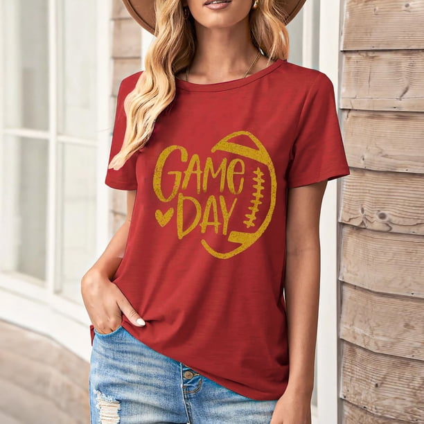 Karight Football Shirts for Women Game Day T Shirts Football Outfits Funny Graphic Tee Casual Short Sleeve Tee Shirts