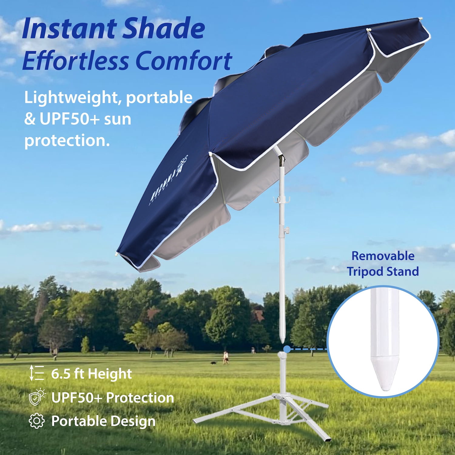 AMMSUN 6.5ft Lightweight Sports Beach Umbrella Portable Shade with Stand for Outdoor Games,Navy Blue