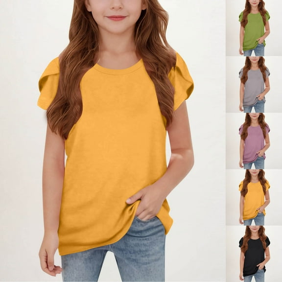 Jinhomg Summer T Shirt for Big Girl Cute Petal Short Sleeve Shirts Loose Fit Comfy Crew Neck Casual Blouses Toddler Kids 2025 Fashion Tops Black 9 Years