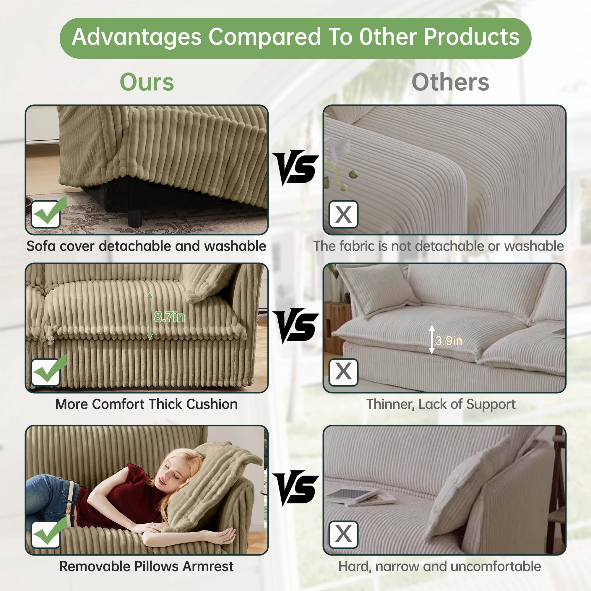 Gewnee Deep Seat Modern 3 Seater Sectional Sofa Couch With 2 Ottomans,U Shape Cream Corduroy Fabric Comfy Couch for Living Room
