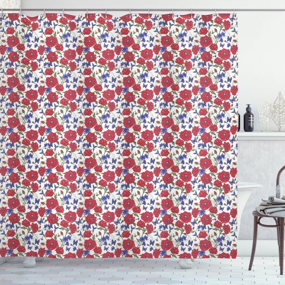 Bee Shower Curtain, Summer Theme Vintage Floral Pattern with Blooming Red Poppies Cornflowers and Ladybird, Fabric Bathroom Set with Hooks, 69W X 75L Inches Long, Multicolor, by Ambesonne