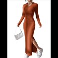 thumbnail image 2 of Vestido Maxi de Punto Acanalado con Cuello en V y Larga para Mujer, con Abertura en el Muslo y Ajustado. Marrón Rojizo L, 2 of 9