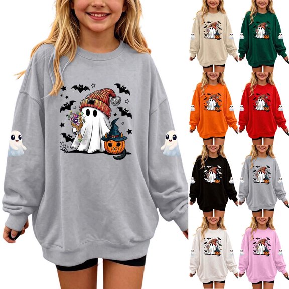 akafmk Girls Halloween Sweatshirt Oversized Crewneck Sweatshirts Long Sleeve Pullover Tops Graphic Hoodies Cute Fall Winter Clothes, Size 9-10 Years