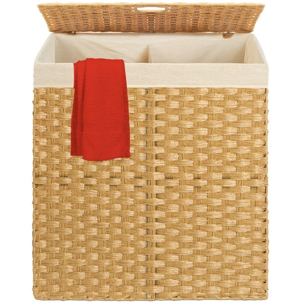 Best Choice Products Wicker Double Laundry Hamper, Divided Storage Basket w/ Linen Liner, Handles - Natural