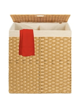 Best Choice Products Wicker Double Laundry Hamper, Divided Storage Basket w/ Linen Liner, Handles - Natural