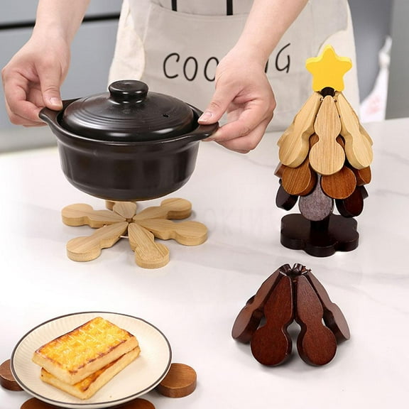 Christmas Wooden Tree Trivet Set - Tree Trivets for Hot Dishes, Wooden Trivets for Hot Pots, Foldable Kitchen Wooden Tree Coasters for Hot Bowl&Teapot