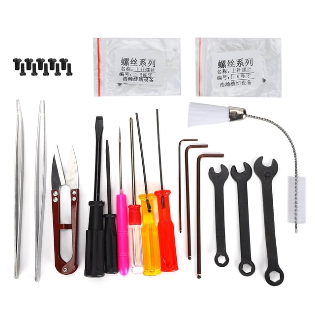 Pinzas rectas/curvas, llaves inglesas, destornillador de estrella/ranura, tornillos, cepillo y tijeras, kit con caja de almacenamiento para máquina de coser overlock.