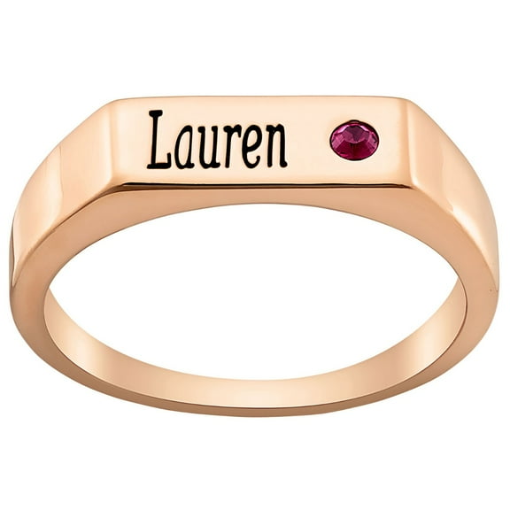 Personalized Planet 14K Rose Gold Plated Engraved Name and Birthstone Rectangle Ring ,Women's
