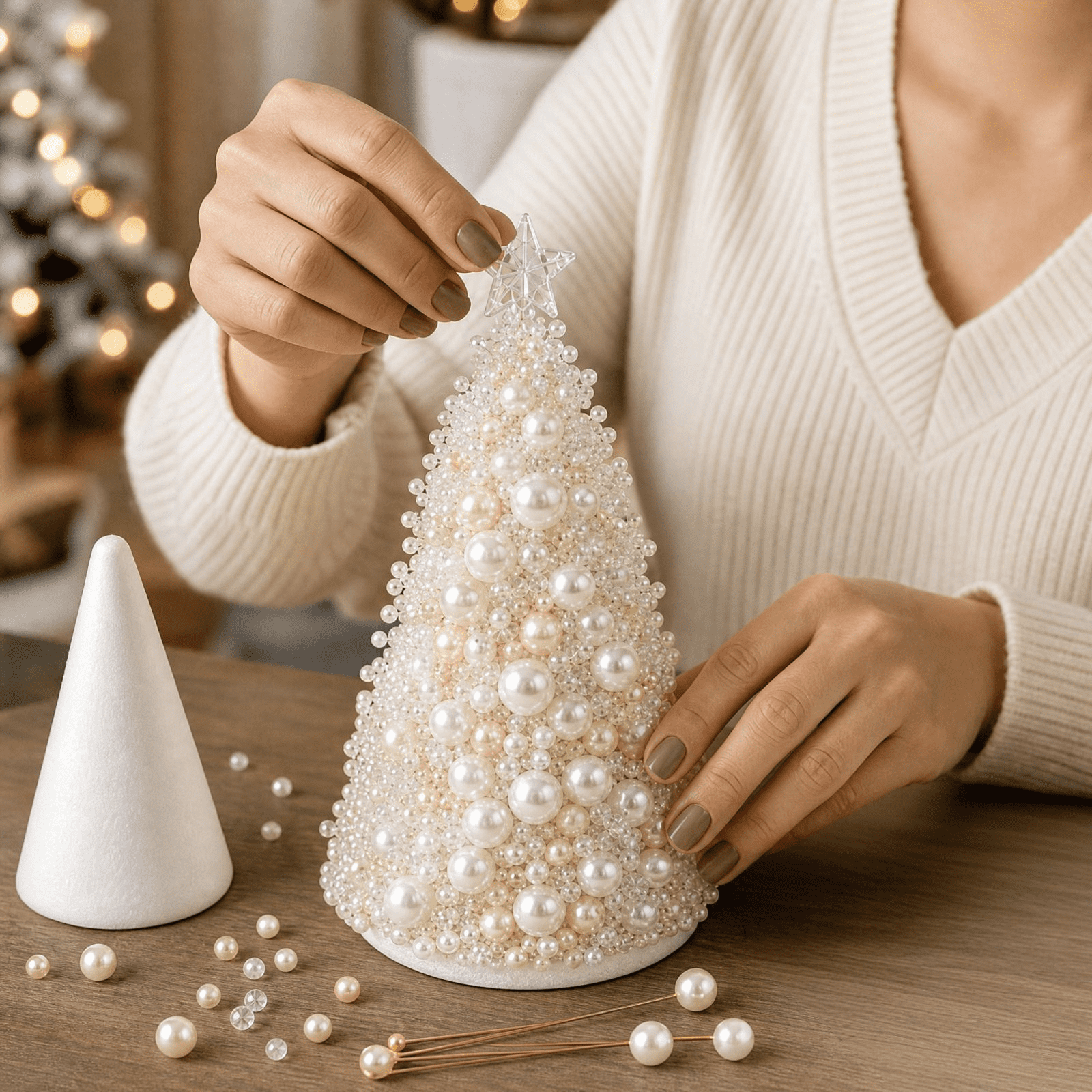 Dreamy Beaded Christmas Tree DIY Kit Creative Holiday Craft,Colorful Pearl Beaded Tree Craft Set for Adult with Sparkling Crystal Beads Tree Topper Festive Holiday Decor & Display Stand