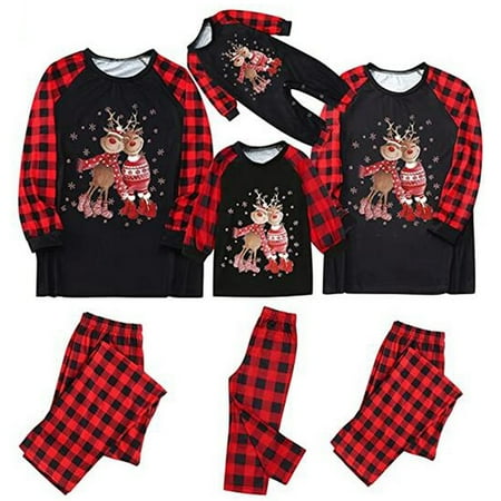 

Calsunbaby Christmas Family Pajamas Set Cartoon Deer Print T-shirt+Plaid Print Trousers Outfits Sleepwear 10 Years