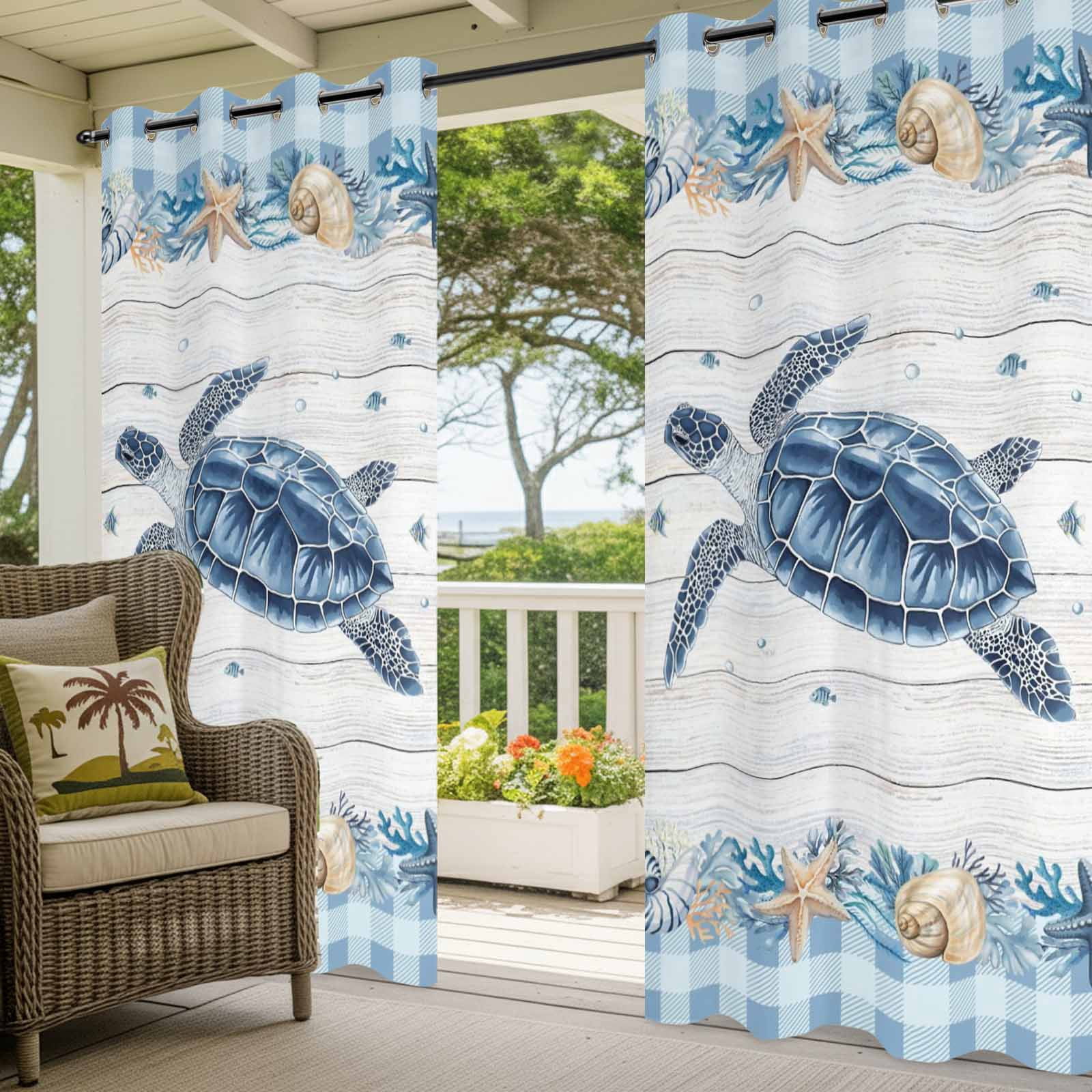 Blue Turtle Coastal Outdoor Curtains for Patio, Summer Starfish Beach Shell Coral Wood Grain Sunshade Privacy Drapes Grommet Waterproof Outside Curtains for Porch/Cabana/Balcony 54"x 108", 1 Panel