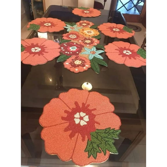 Set Of 13 Pieces Beaded Floral Table Runner, Placemats And Coaster, Multicolor Designer Autumn Tableware