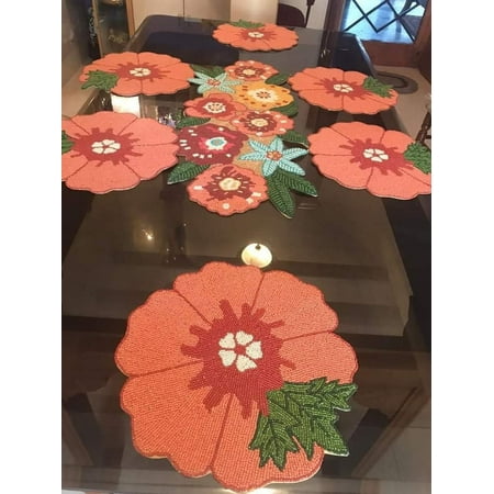 

Set Of 13 Pieces Beaded Floral Table Runner Placemats And Coaster Multicolor Designer Autumn Tableware
