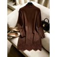 thumbnail image 2 of Women's Brown Satin Mock Neck Long Sleeve Mini Dress Ruched Waist Lace Hem Bodycon Slim Fit Party Dress, 2 of 8