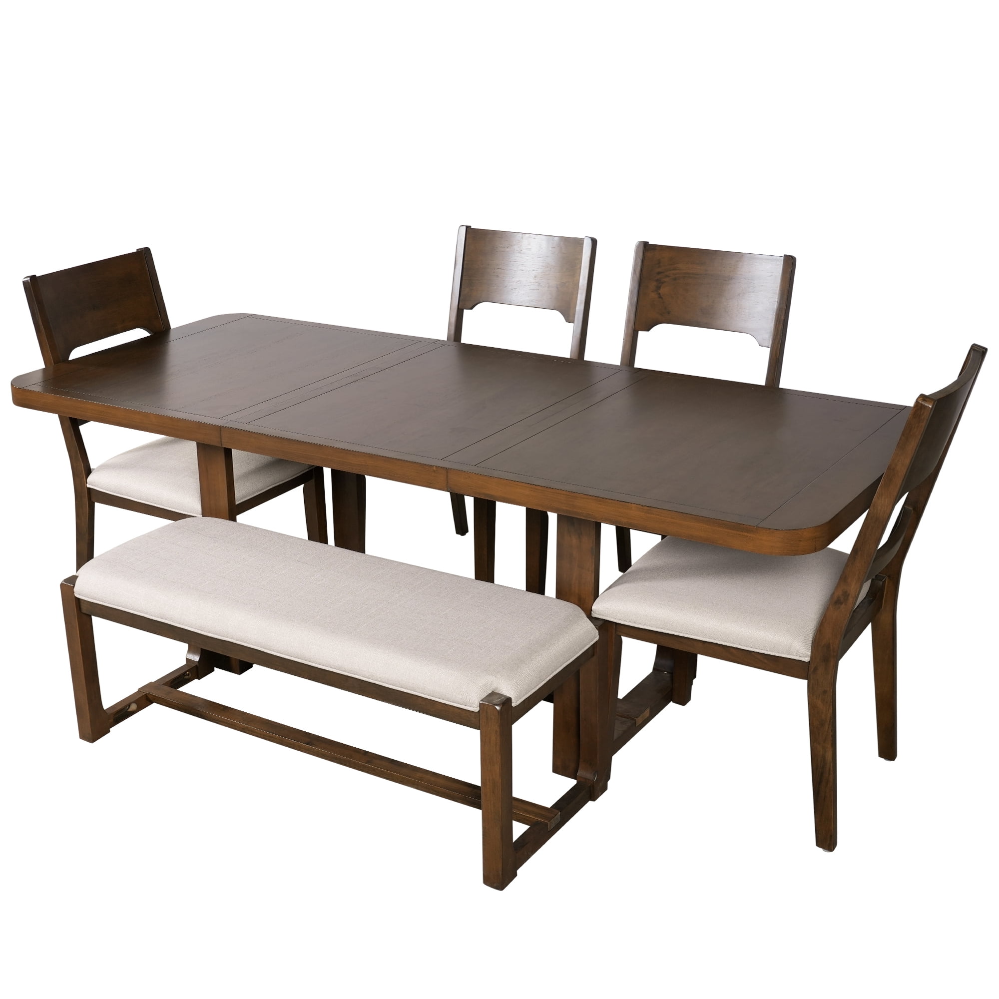 Euroco 6 Pieces Farmhouse Dining Table Set,Solid Wood Extendable Dining Table with 4 Chairs & Bench for Kitchen Dining Room, Brown+Beige