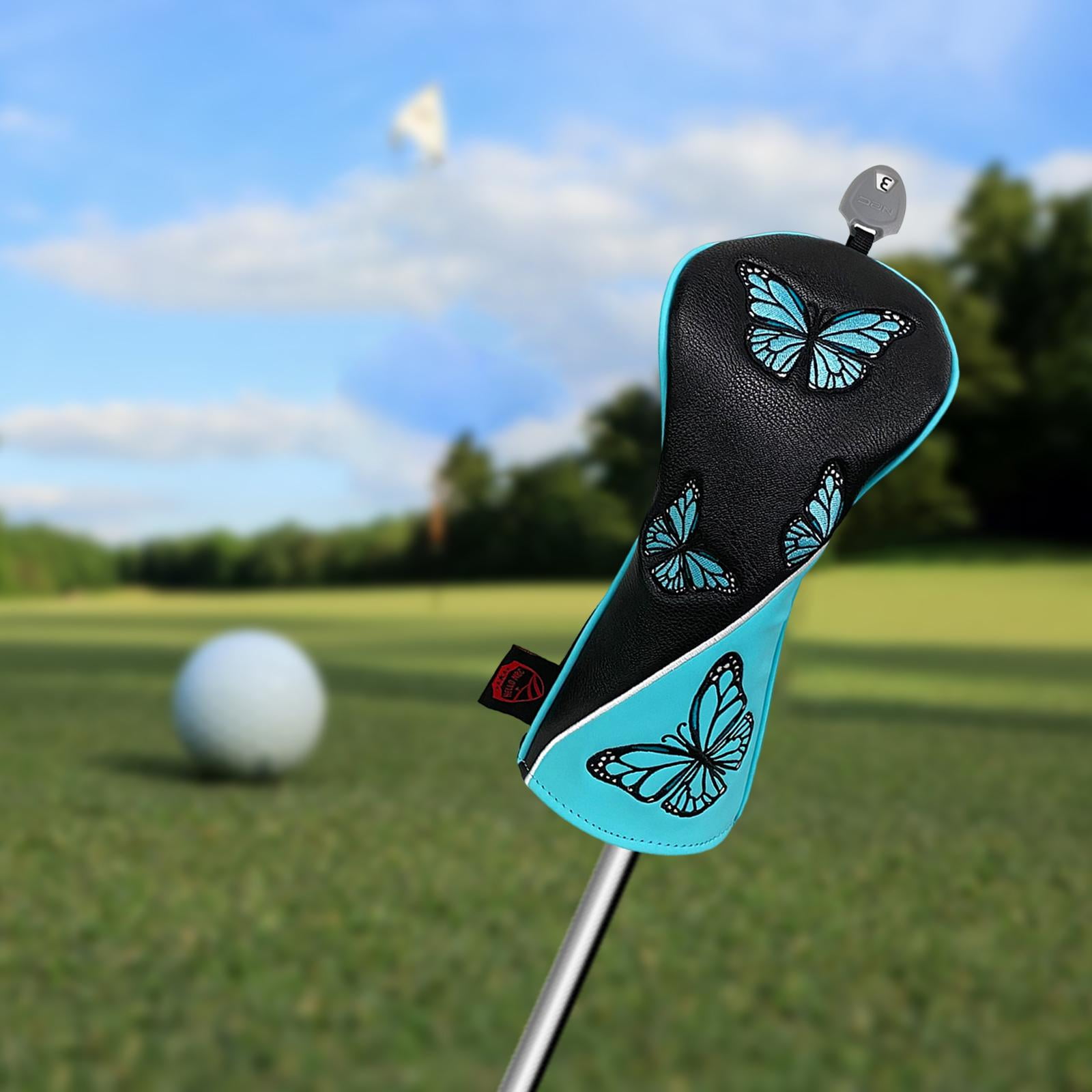 Golf Wood Headcovers PU Leather Protector Scratch Butterfly Pattern Club Head Cover for Golfer Outdoor Sports Travel Transport Black FW