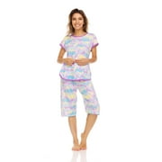 Lati Fashion Women Capri and Short Sleeve Top 2-Piece Female Pajamas Set Purple L