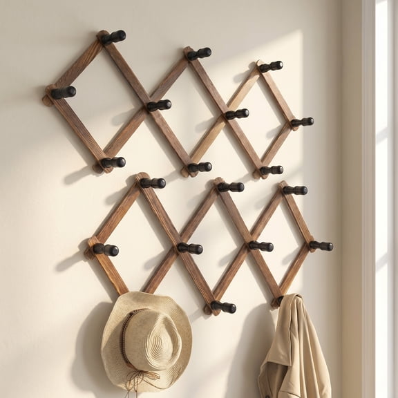 Wooden Expandable Accordion Wall Hanger,2 Pack Including 20 Peg Hooks,Perfectly Hook for Coats, Mugs,Coffee, Coat,Keys, Hat Rack,X Shap,Make Living Room Decorative and Neat,Rustic Style (Brown)