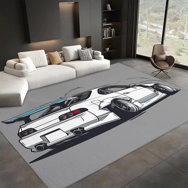 Area Rug 8x10 ft Comic Style Sports Car White Living Room Rugs, Indoor Accent Rug, Washable Non Slip Stain Resistant Carpet, for Bedroom Dining Room Home Office Soft Low Pile Print Rugs