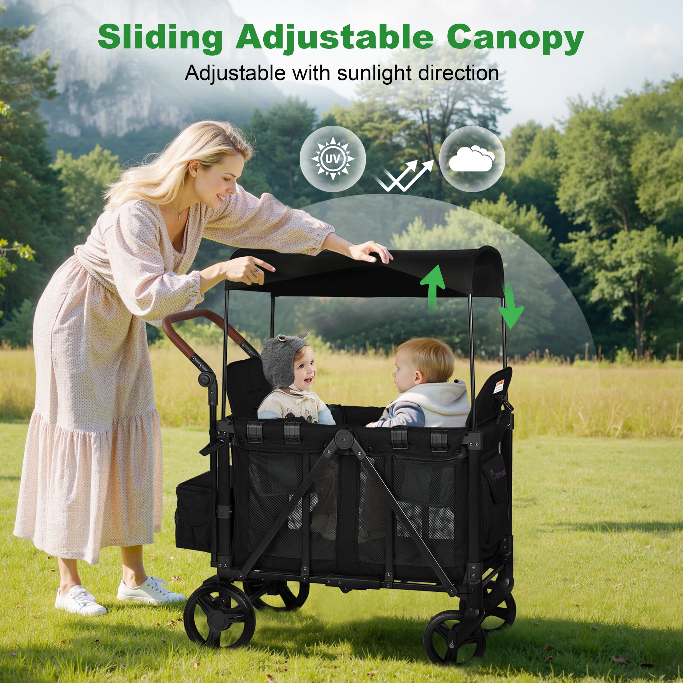 Vomeast Wagon Stroller for 2 Kids, 3-in-1 Outdoor Baby Stroller Wagon with Canopy, 5-Point Harness, Adjustable Handlebars, Removable Seat for Toddlers, Black