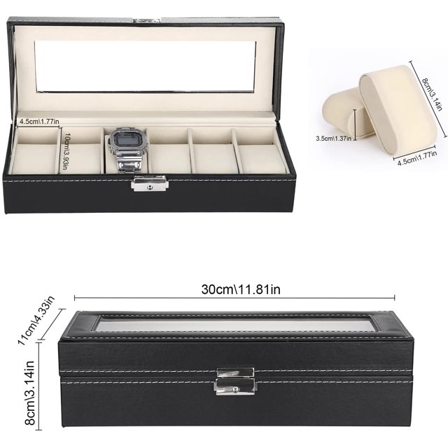 Caja de reloj con 6 ranuras, caja/pantalla, almacenamiento de reloj de cuero PU, regalo para hombre (negro, 30*11*8cm) ShuxiuWang 8390605070983