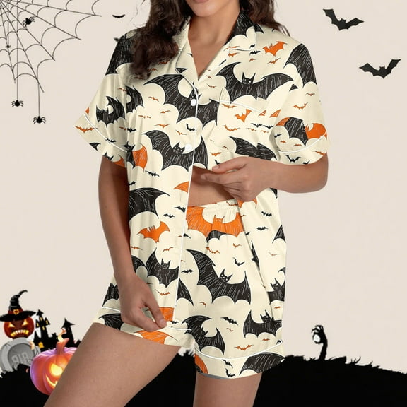 Delliss Women's Halloween Print Loungewear Short Sleeve Lapel Button Shorts Pajama Set Fashion Sleepwear Orange S