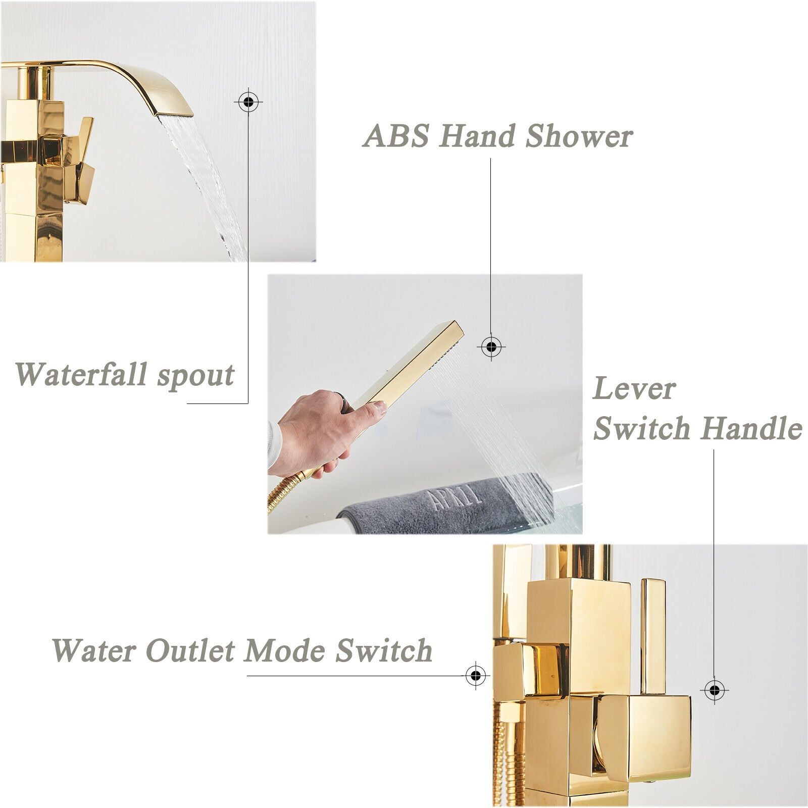 Zovajonia Gold Free Standing Floor Mount Bathtub Mixer Faucet Waterfall Tub Filler Sprayer