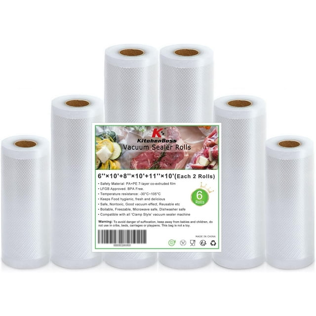 Food Vacuum Sealer Bag Rolls: KitchenBoss 6 Rolls Food Saver Bags,6 8 11 inch Sous Vide Bags Rolls with BPA Free, Commercial Grade Vac seal Bags for All Vacuum Sealer