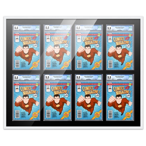 Comic Book Frame with Mat for 8 Graded Comics - White Wood Comic Frame With Black Mat for 8.125x13