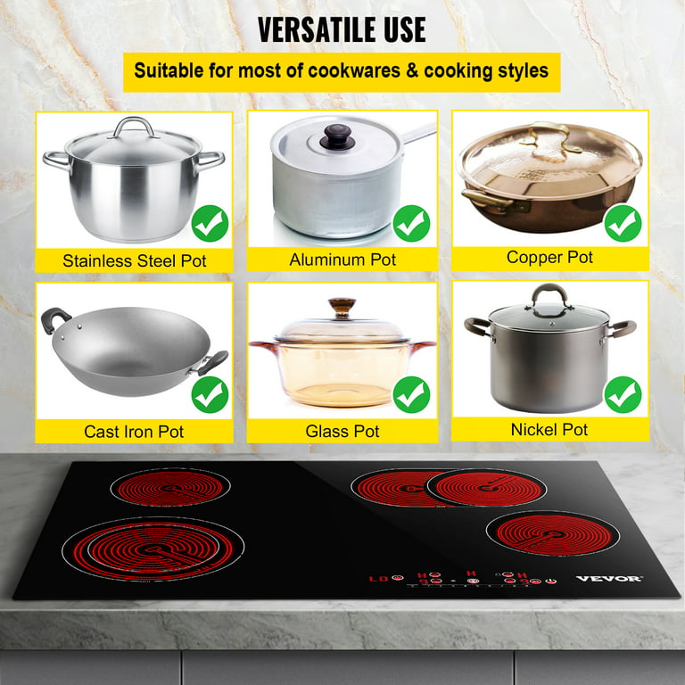 VEVORbrand Built-in Electric Stove Top, 30 inch 4 Burners, 240V Ceramic  Glass Radiant Cooktop ,Sensor Touch Control, Timer Child Lock Included, 9  Power Levels 