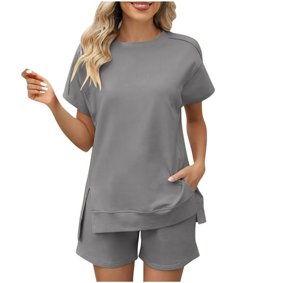 amkenre Outfits for Women 2 Piece Sets Fashion Round Neck Short Sleeve Outfits Solid Color Soft High Waisted Loose Shorts for Woman Comfortable Palazzo Sweatpants Sets