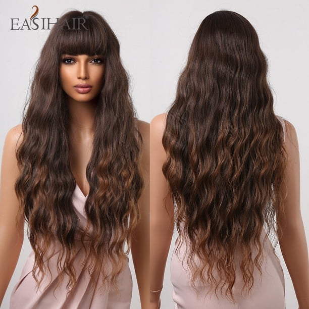 EASIHAIR Ombre marrón claro rubio platino largo ondulado parte media peluca de pelo Cosplay Natural resistente al calor peluca sintética para mujeres Tan Jianjun unisex