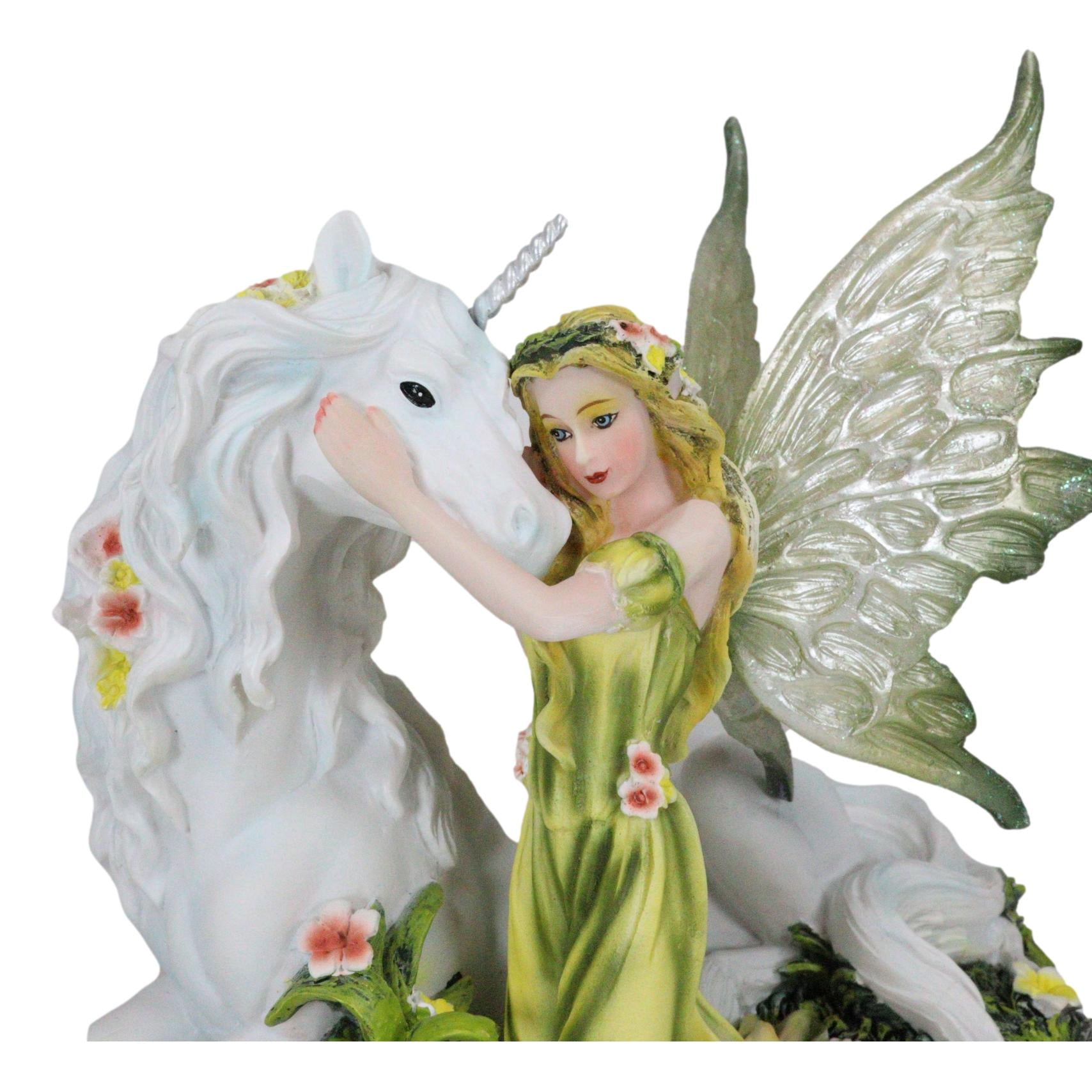 Green Earth Gaia Fairy With Rare Floral White Unicorn Statue Decor Figurine 7"L