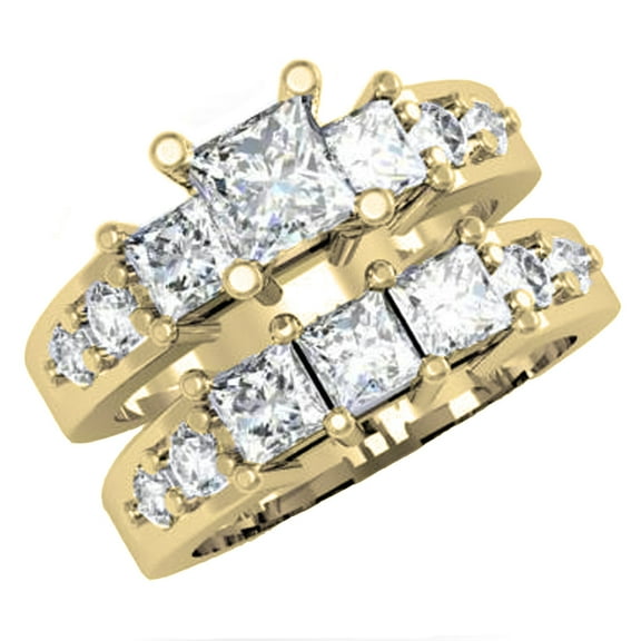 Dazzlingrock Collection 3.25 Carat (ctw) 14K Princess & Round Diamond Ladies 3 Stone Ring Set 3 1/4 CT, Yellow Gold, Size 7
