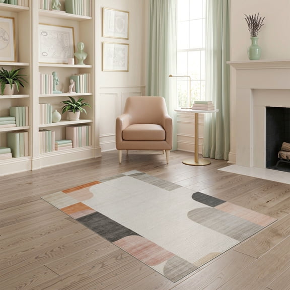 ODIKA Modern Neutral Abstract With Minimalist Interlocking Border Accents Stain Resistant Low Profile for Dorm Room, Small Living Apartment