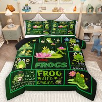 Homewish Chic Cool Frogs Bedding Comforter Set,Patchwork Geometric Checkered Twin Comforter Sets,Green Mushroom Pink Lotus Bedding Set For Boys Kids,Microfiber Bedroom Decor Reversible,2pcs