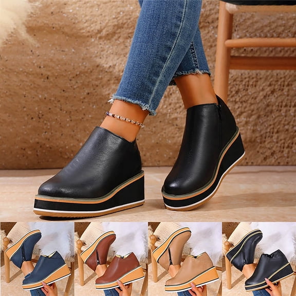 Hinvhai Wedge Ankle Boots for Women Platform Vintage Closed Toe Side Zipper High Heel Booties Solid Color Comfortable Ladies Shoes Khaki 9.5(43)