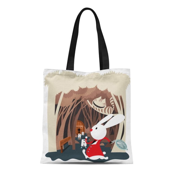LADDKE Canvas Tote Bag Scene in Fairy Tale of Alice Adventures Wonderland White Reusable Shoulder Grocery Shopping Bags Handbag