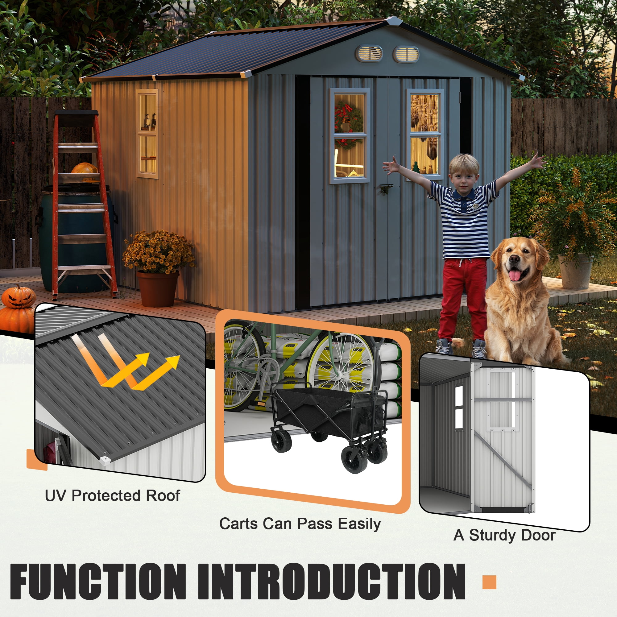 DTTRA 8 x 8 ft Outdoor Metal Storage Shed with 4 Window and Lockable Door, Waterproof Outside Storage Building for Garden, Backyard, Tool Storage Use, Easy to Install, White