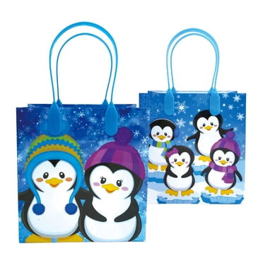 Penguin Winter Party Favor Bags – 12 Pack Treat Bags With Handles, Christmas Holiday Goody Bags, 7" X 6.25"