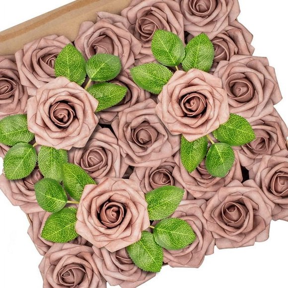 Mocoosy 50Pcs Rose Artificial Flowers, Realistic Dusty Roses Fake Foam Rose Bulk with Stem for DIY Wedding Bouquets Bridal Shower Centerpieces Floral Party Home Decorations