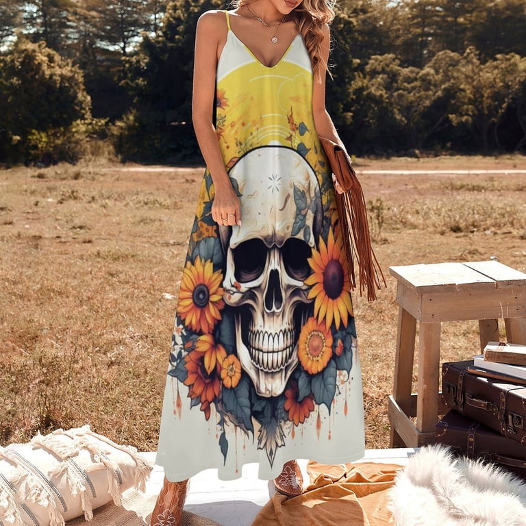 Sunflower Skull Sleeveless Dress Women's Evening Dress Womans Clothing