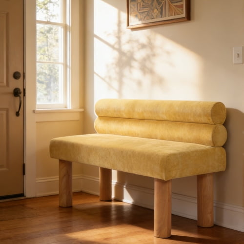 51.8" Upholstered Dining Bench with Rubber Wood Legs, Entryway Bench for End of Bed, Ottoman for Living Room Hallway, Yellow