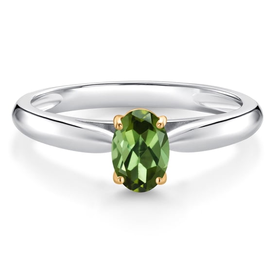 Gem Stone King 0.50 Ct Oval Green Tourmaline 925 Silver and 10K Yellow Gold Solitaire Engagement Ring (Size 8)