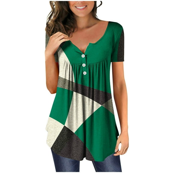 QENGING Womens Clothes Tops Fit Blouses Floral Printed Loose T-shirt Short Sleeves Blouse Round Neck Casual Tops Green L Summer