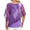 thumbnail image 3 of Lovskoo Summer Tops for Women 2024 Flowy Shirt Double-Layered Printed Mesh Poncho Loose Tunic Blouse Top Purple L, 3 of 4